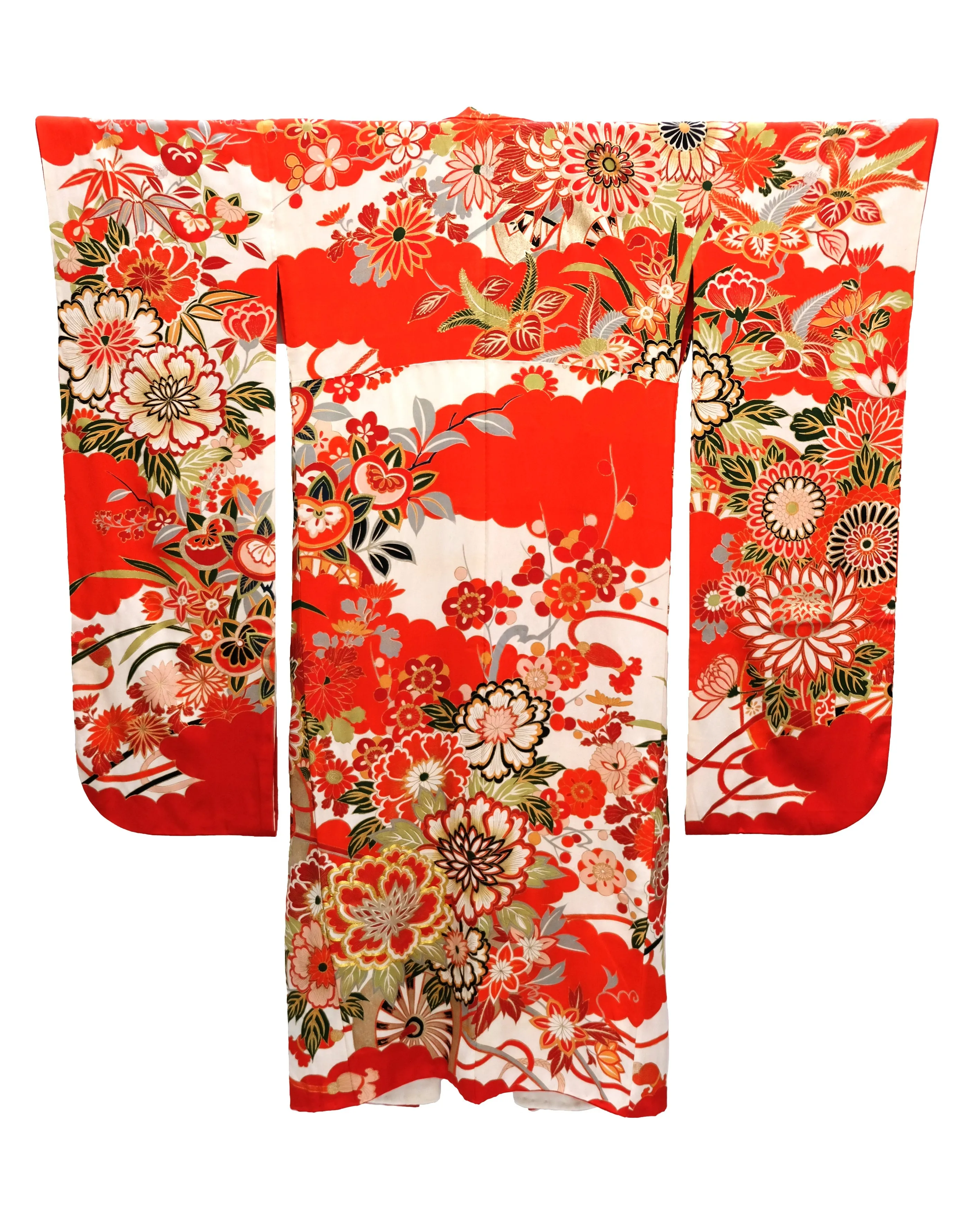 Vintage Kimono in Red, White, and Gold Floral Silk