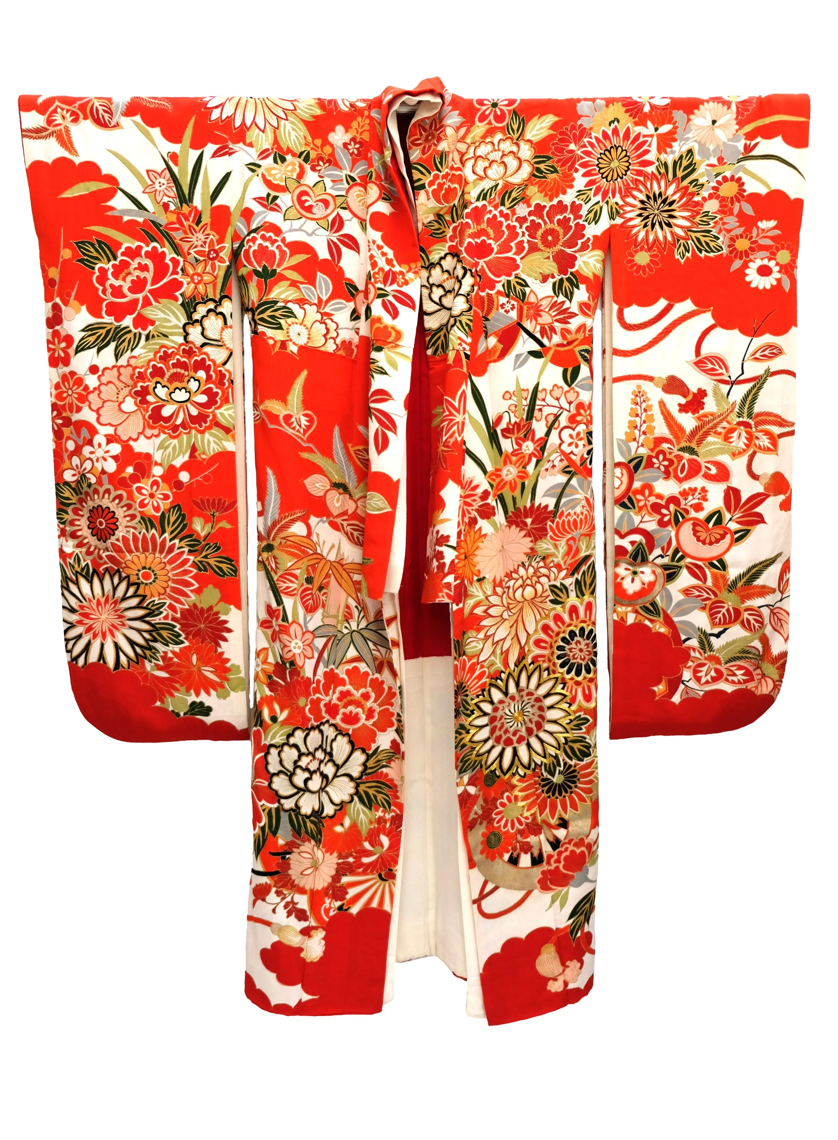 Vintage Kimono in Red, White, and Gold Floral Silk