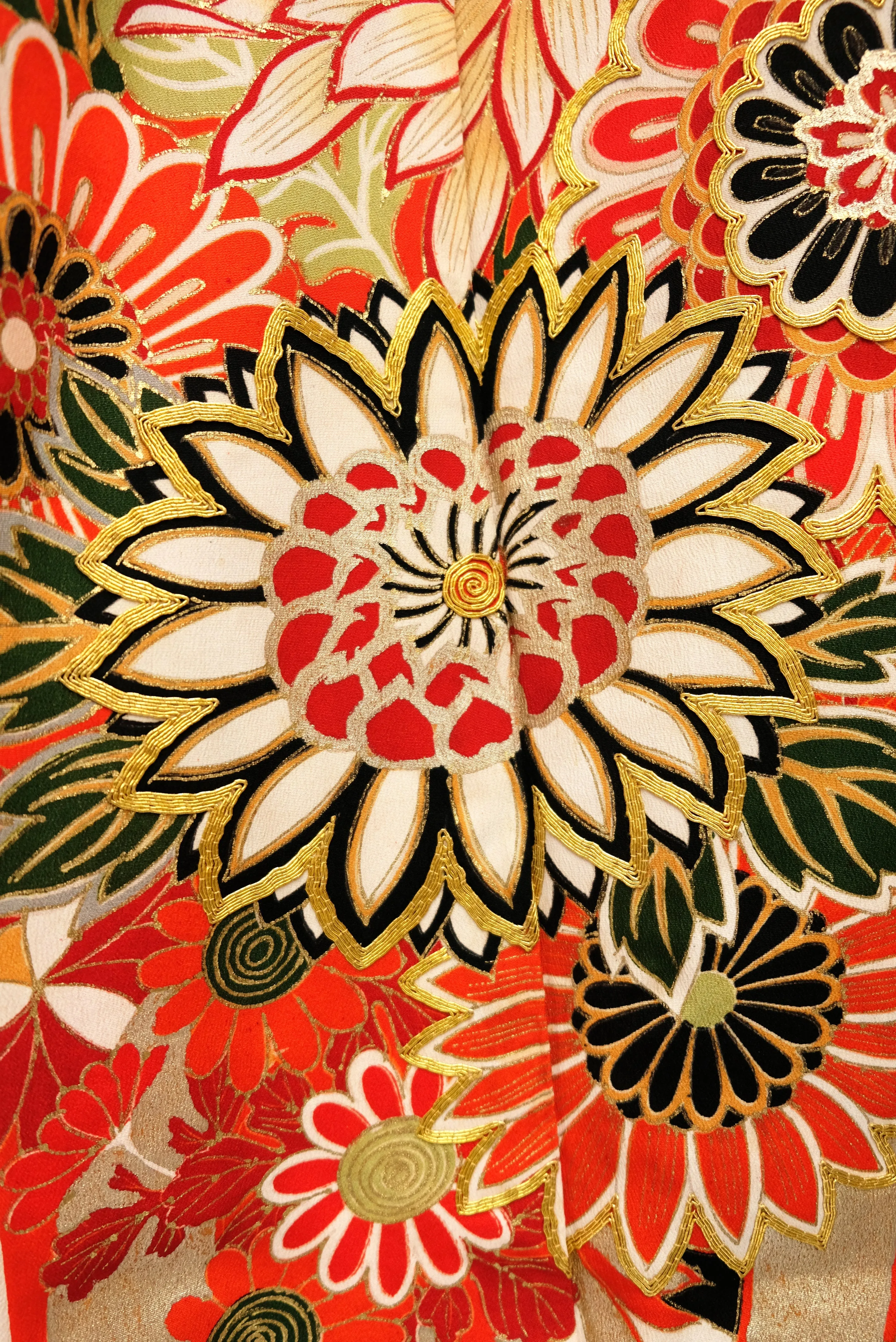 Vintage Kimono in Red, White, and Gold Floral Silk