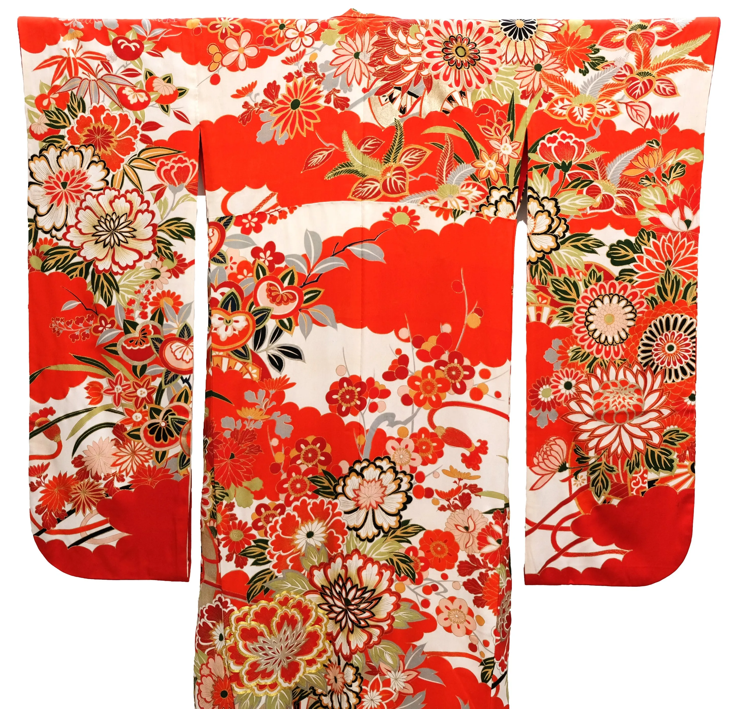 Vintage Kimono in Red, White, and Gold Floral Silk