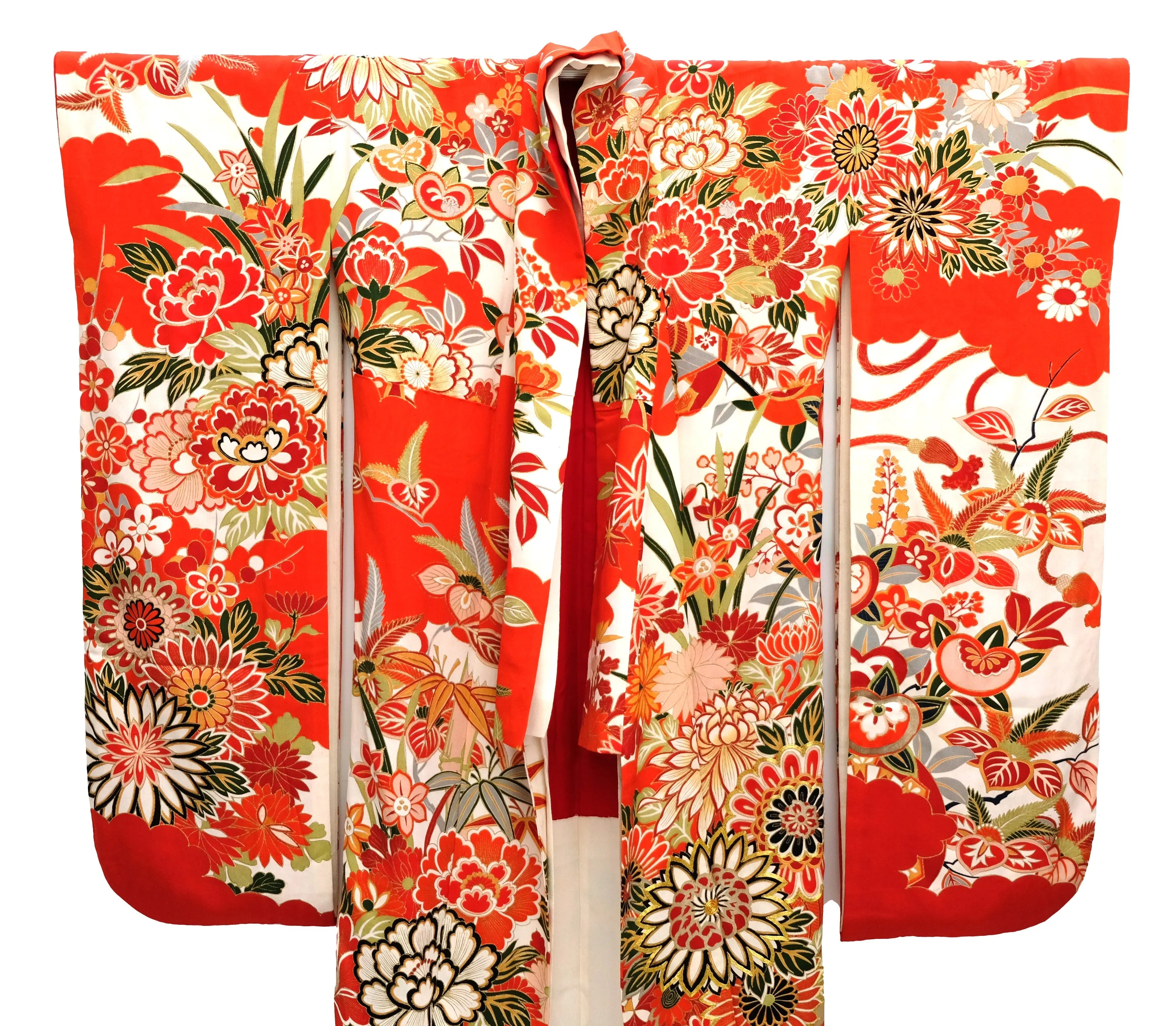 Vintage Kimono in Red, White, and Gold Floral Silk