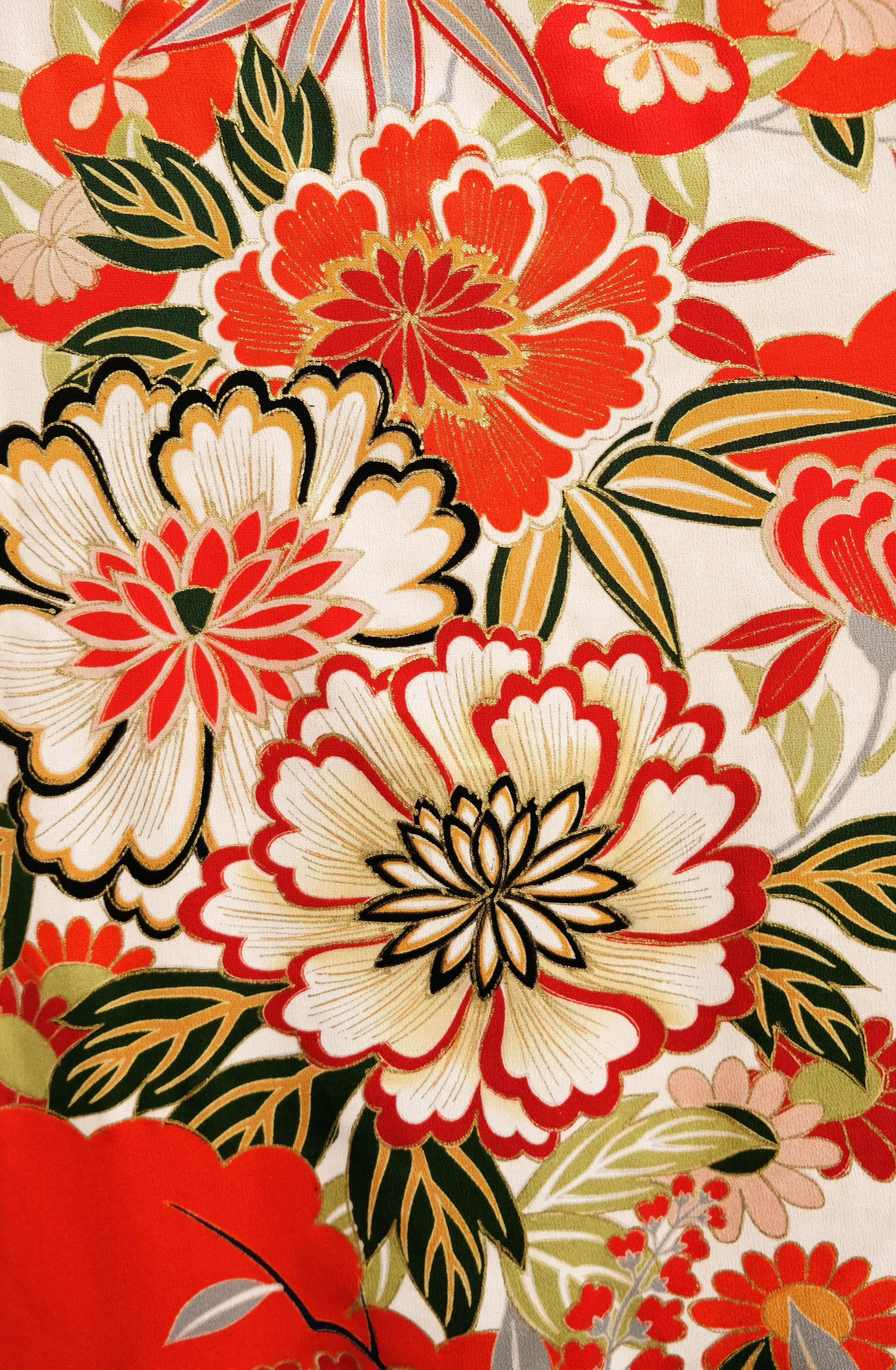 Vintage Kimono in Red, White, and Gold Floral Silk