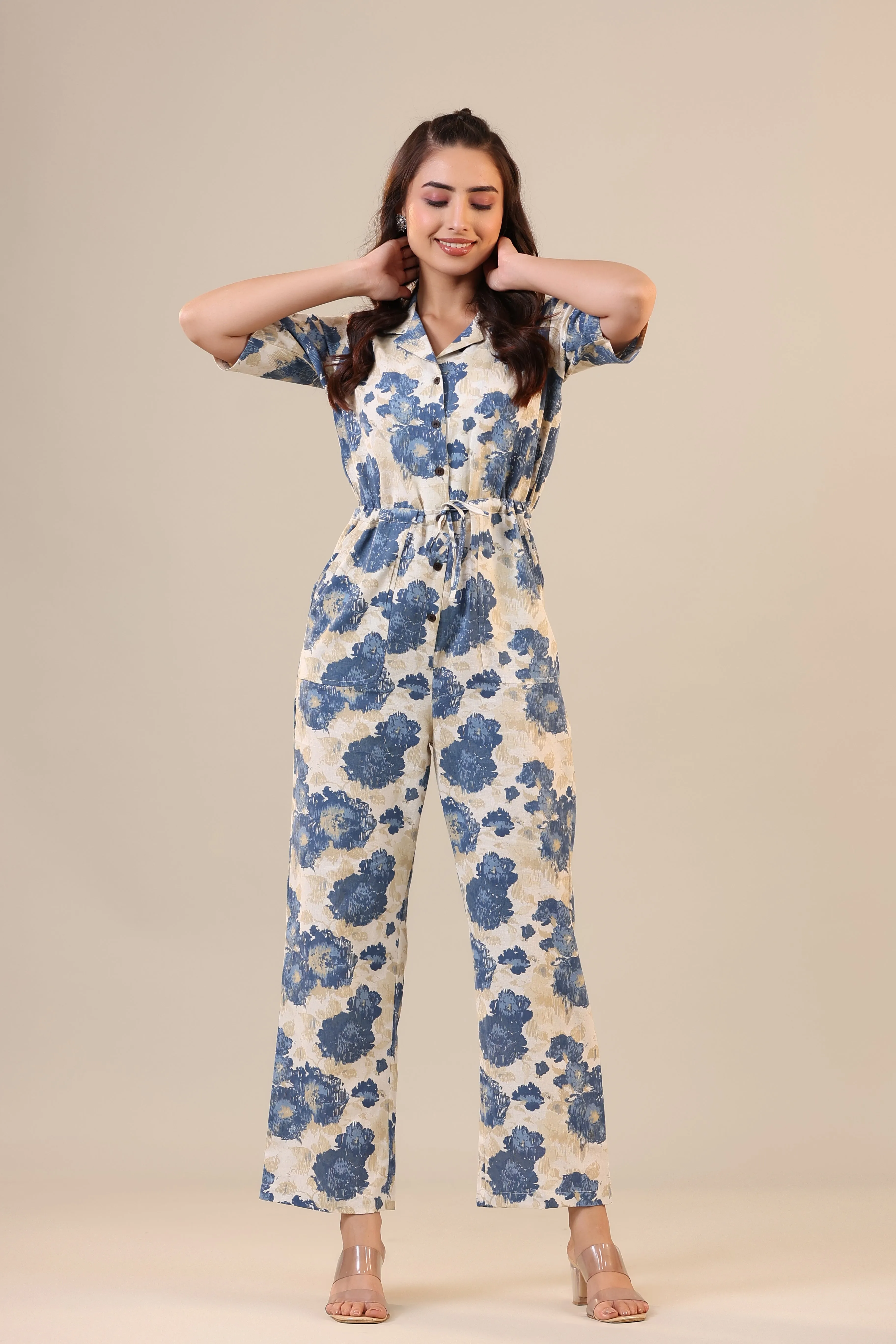 Watercolour Florals on Off white Cotton Flex Jumpsuit