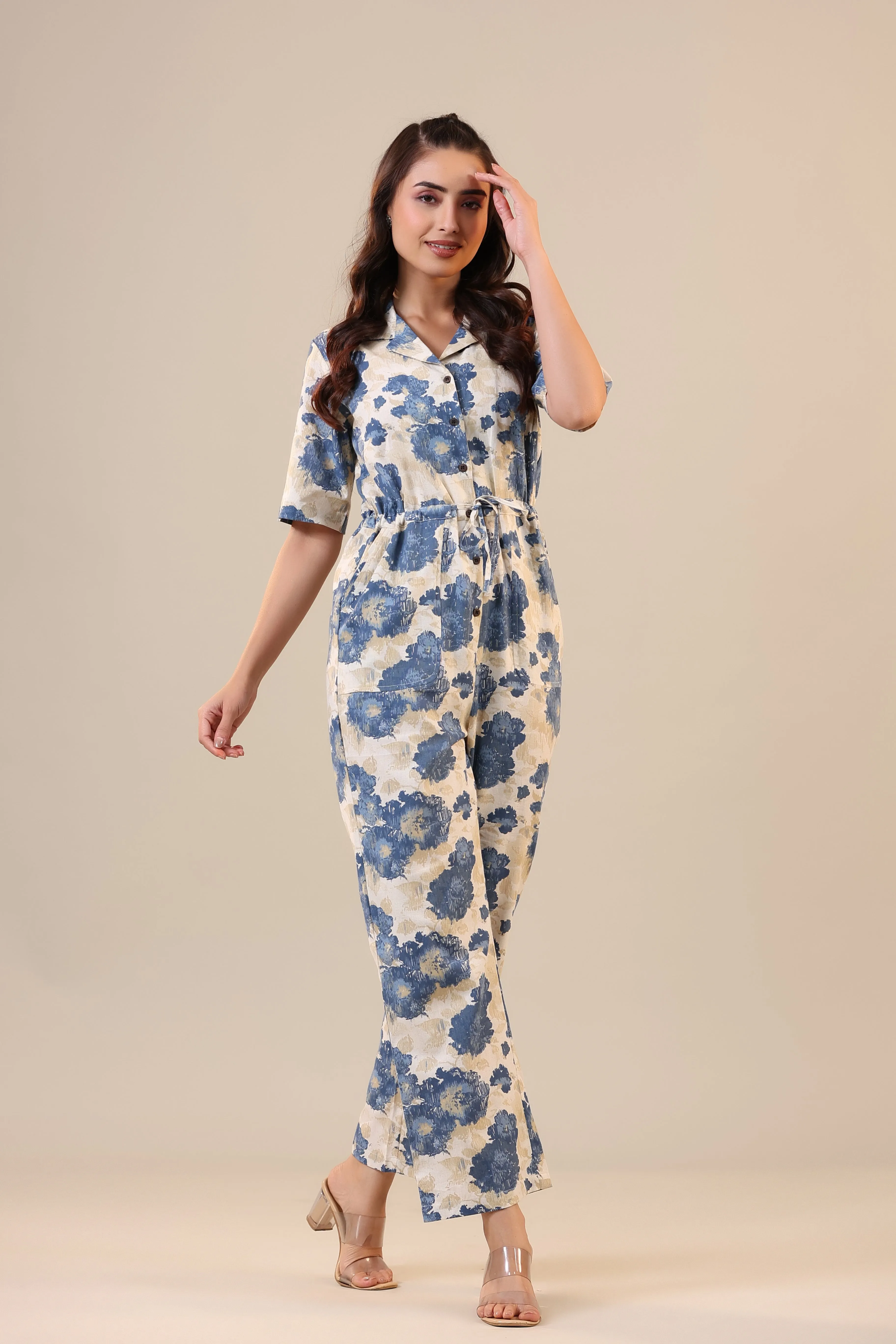 Watercolour Florals on Off white Cotton Flex Jumpsuit