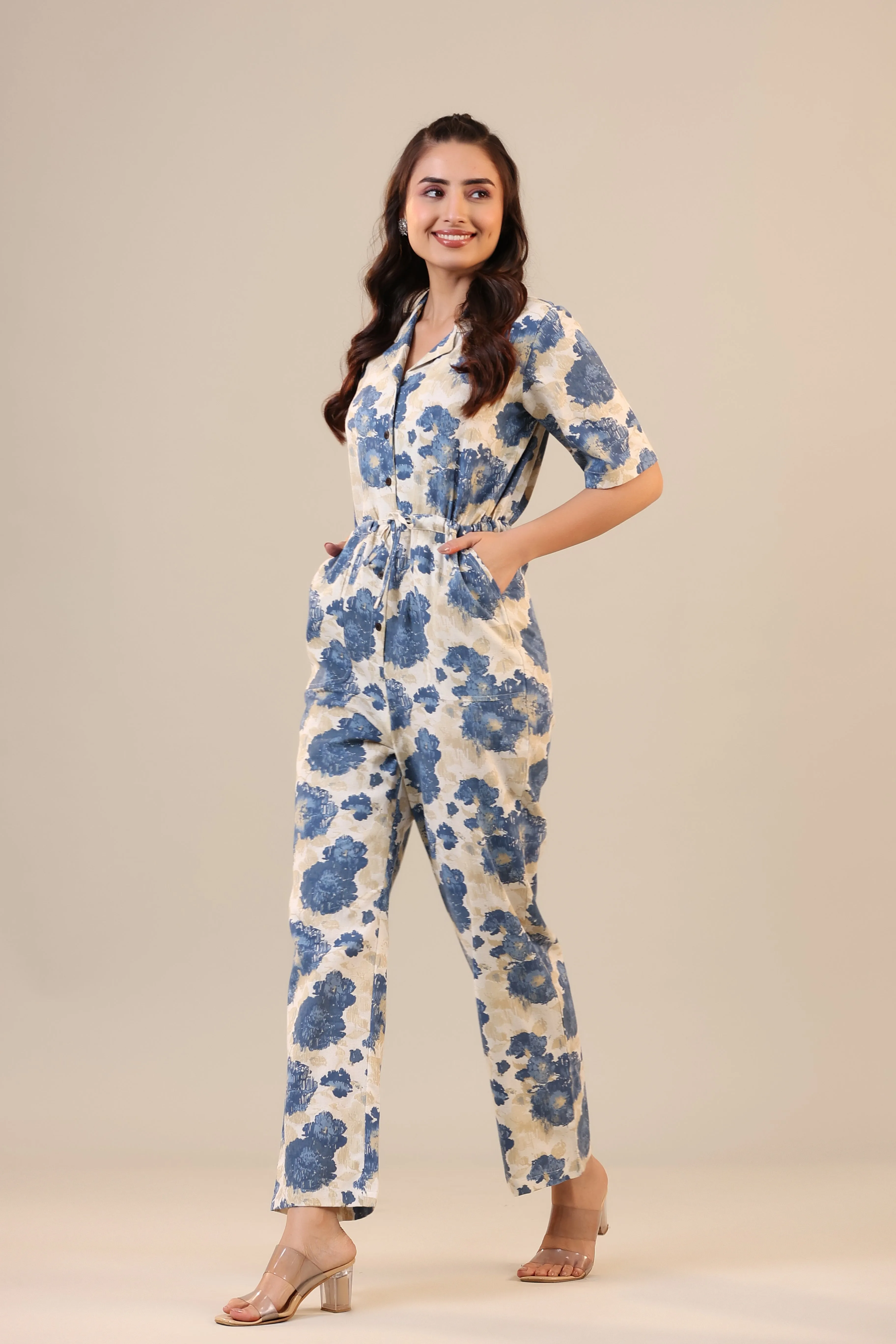 Watercolour Florals on Off white Cotton Flex Jumpsuit