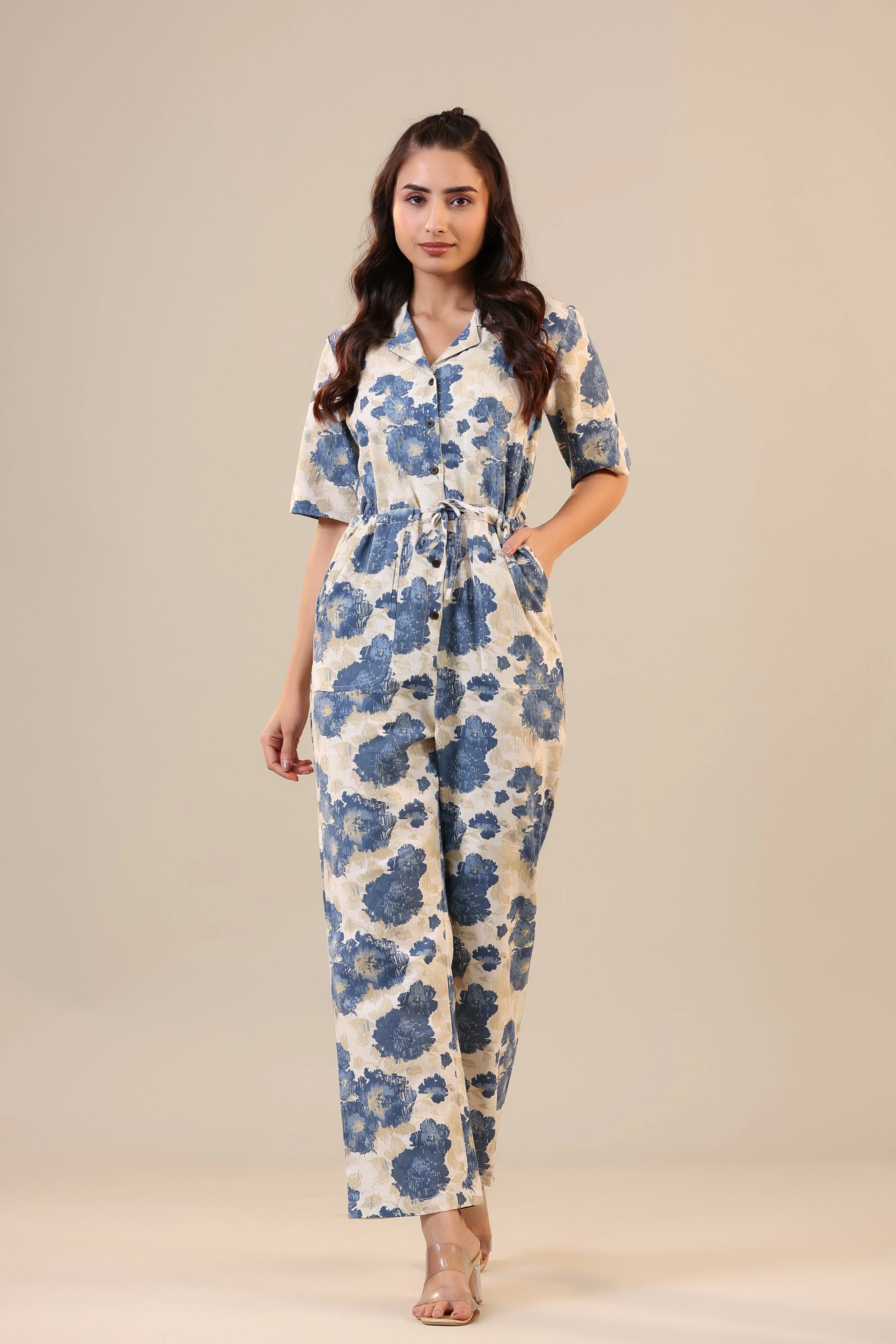 Watercolour Florals on Off white Cotton Flex Jumpsuit