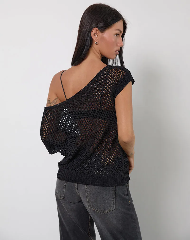 Weavora Slash Neck Top in Open Knit Black