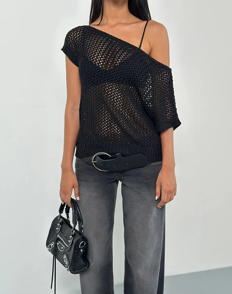 Weavora Slash Neck Top in Open Knit Black