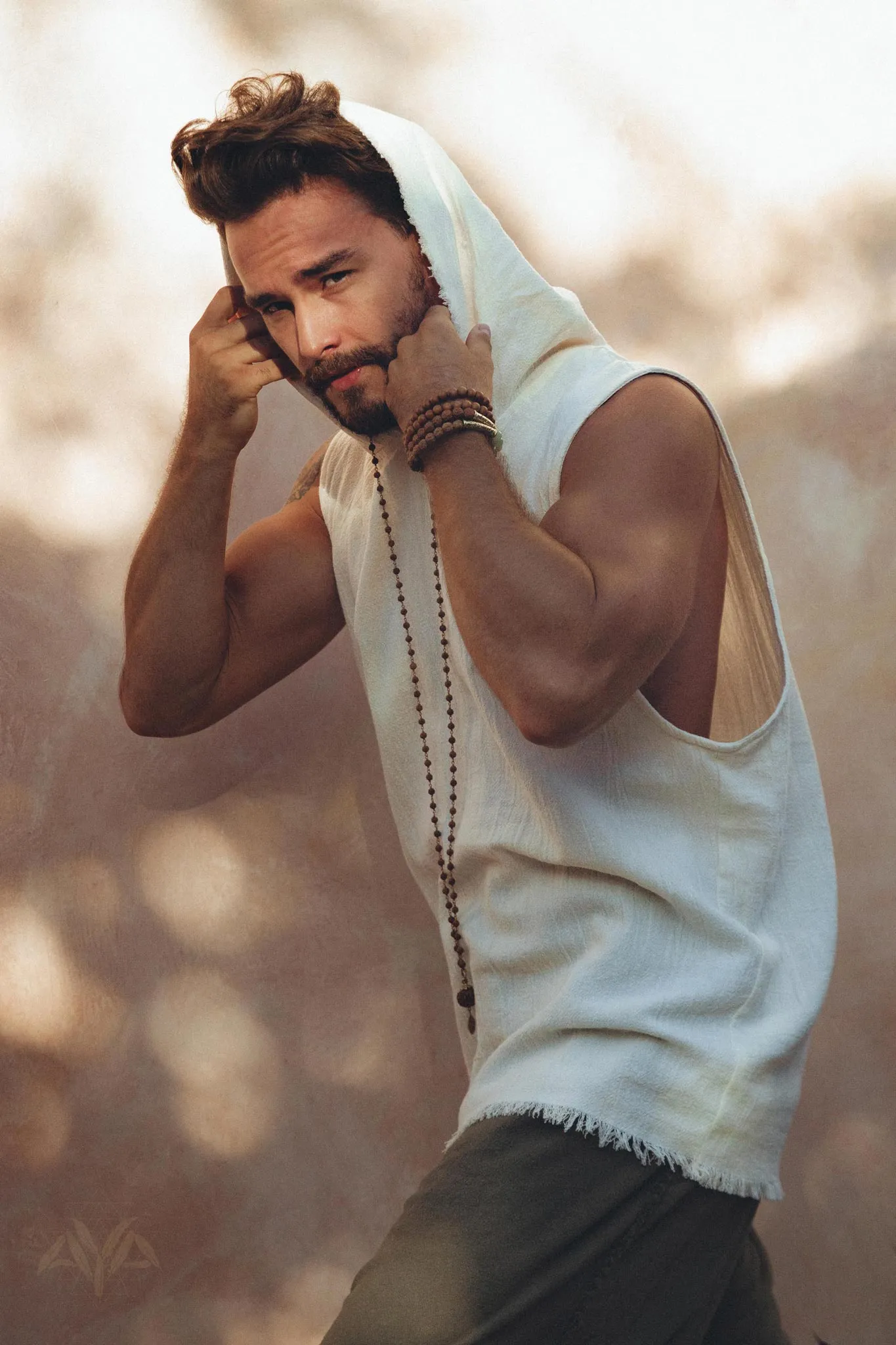 White Handwoven Cotton Sleeveless Hoody for Men