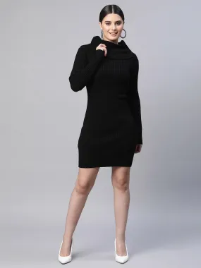 Women Elongated Neck Full Sleeves Black Slim Fit Bodycon Dress