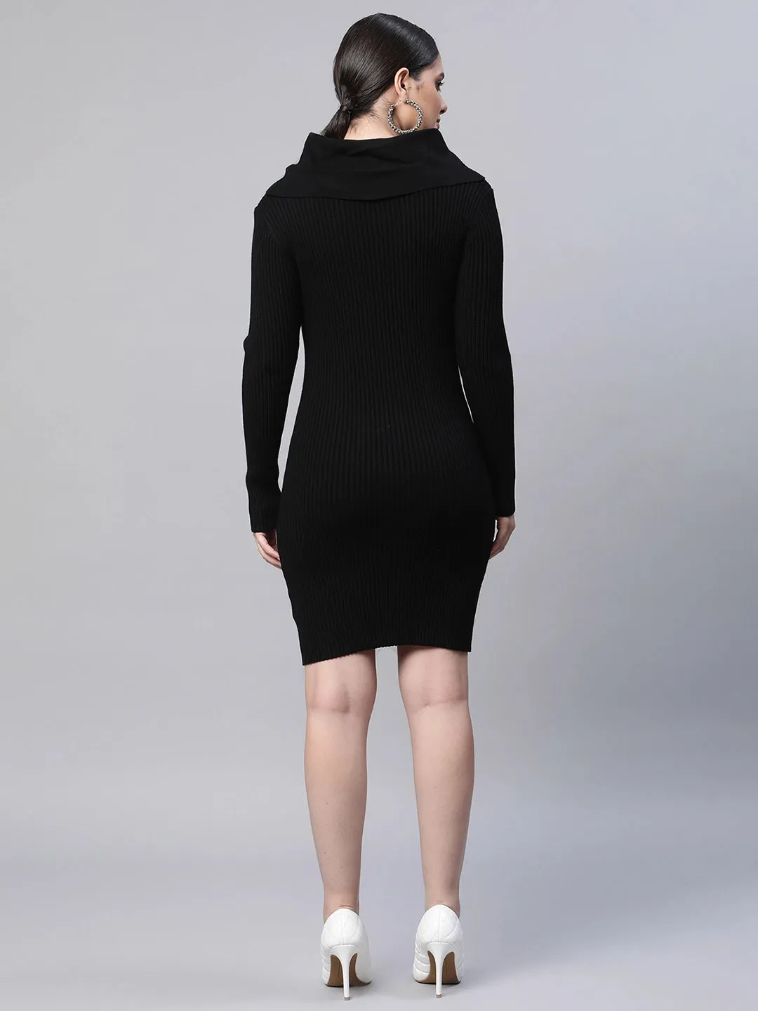 Women Elongated Neck Full Sleeves Black Slim Fit Bodycon Dress