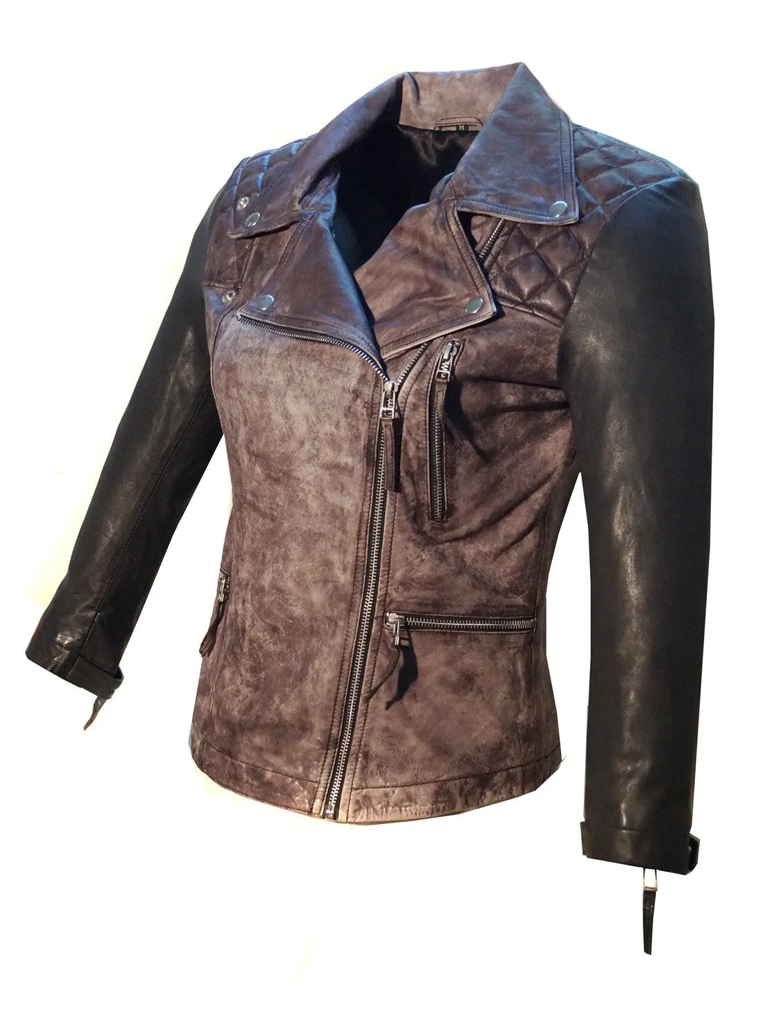 Women Leather Washed Vintage Motorcycle Jacket with 3/4 Sleeve