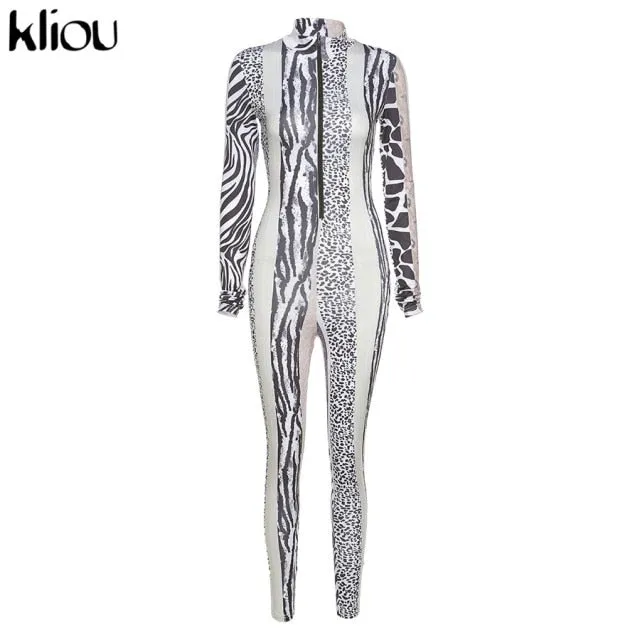 Women Leopard Pattern Printed Zipper Jumpsuit