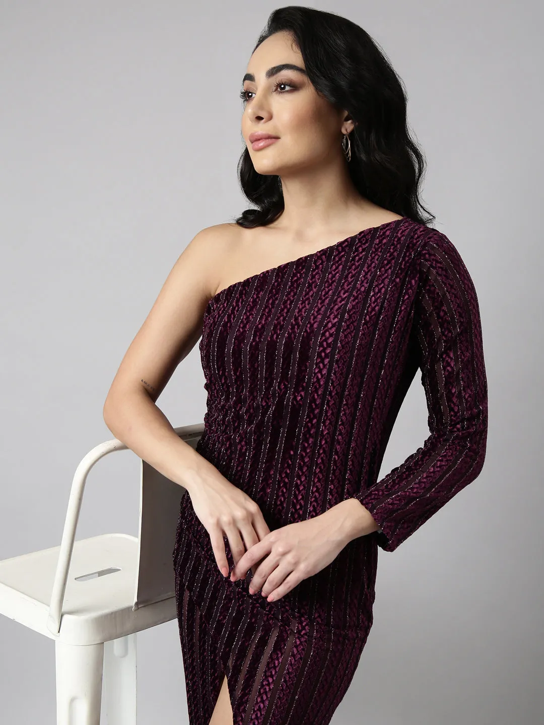 Women Purple Striped Wrap Dress