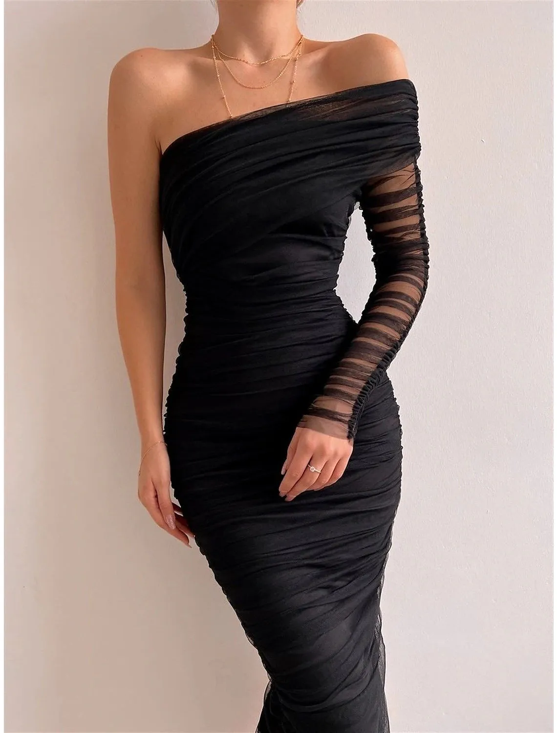 Women‘s Black Dress Cocktail Dress Party Dress Wedding Guest Dress Bodycon Midi Dress Red Long Sleeve Ruched Spring Fall Winter One Shoulder Party Birthday Evening Party Wedding Guest Slim