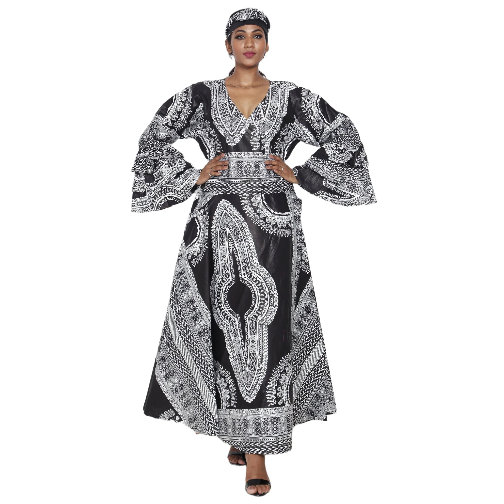 Women's Dashiki Ruffle Sleeve Maxi Wrap Dress -- FI-D70 FS