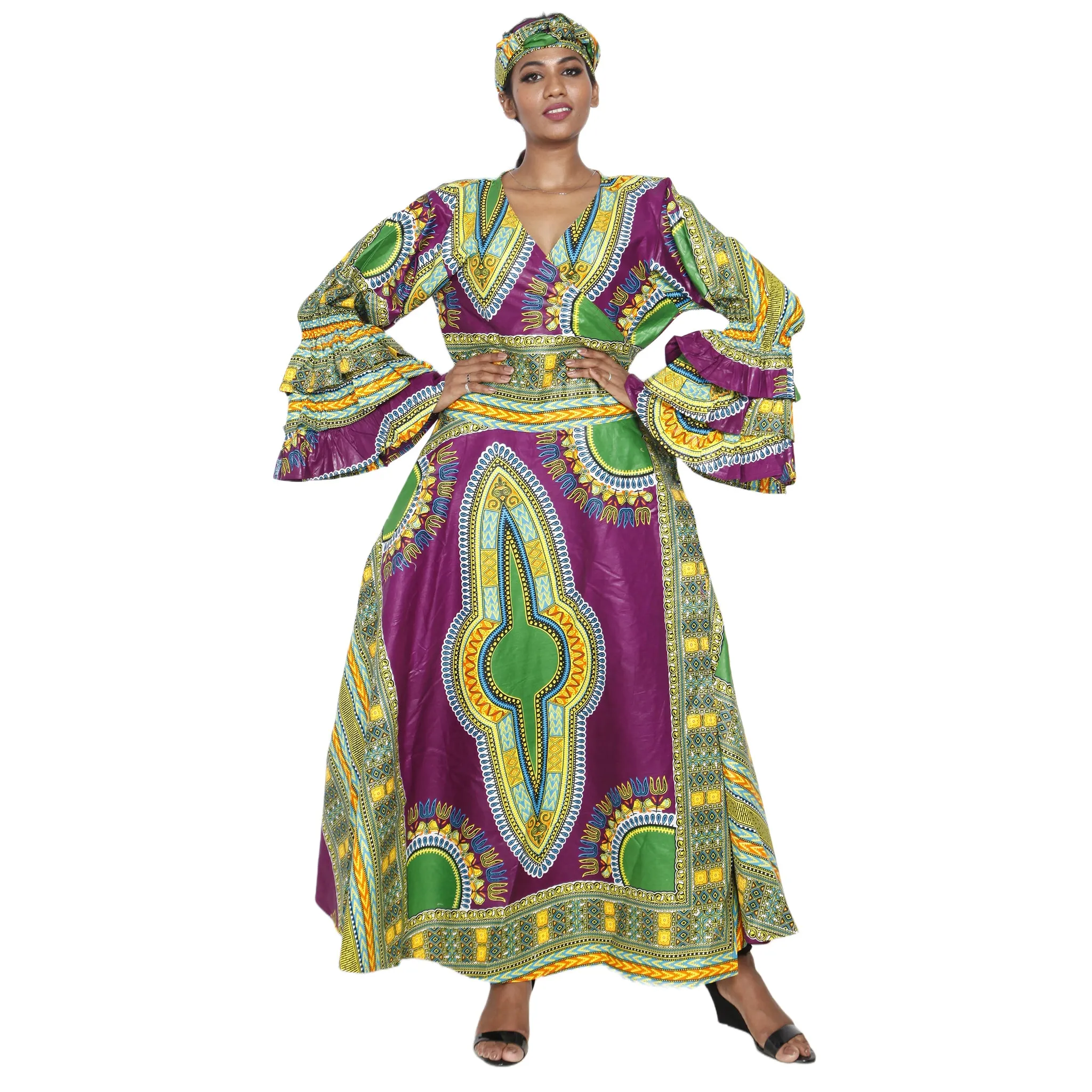 Women's Dashiki Ruffle Sleeve Maxi Wrap Dress -- FI-D70 FS