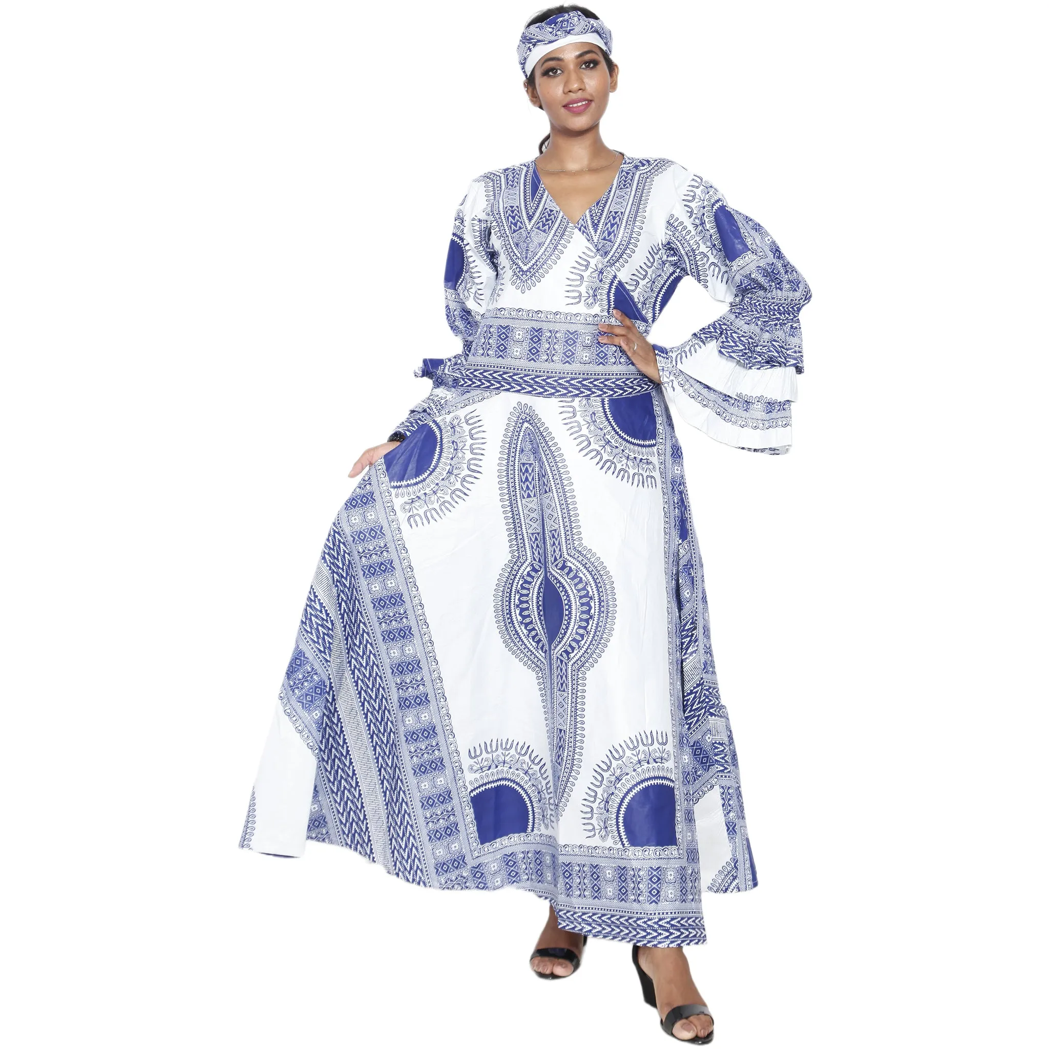 Women's Dashiki Ruffle Sleeve Maxi Wrap Dress -- FI-D70 FS