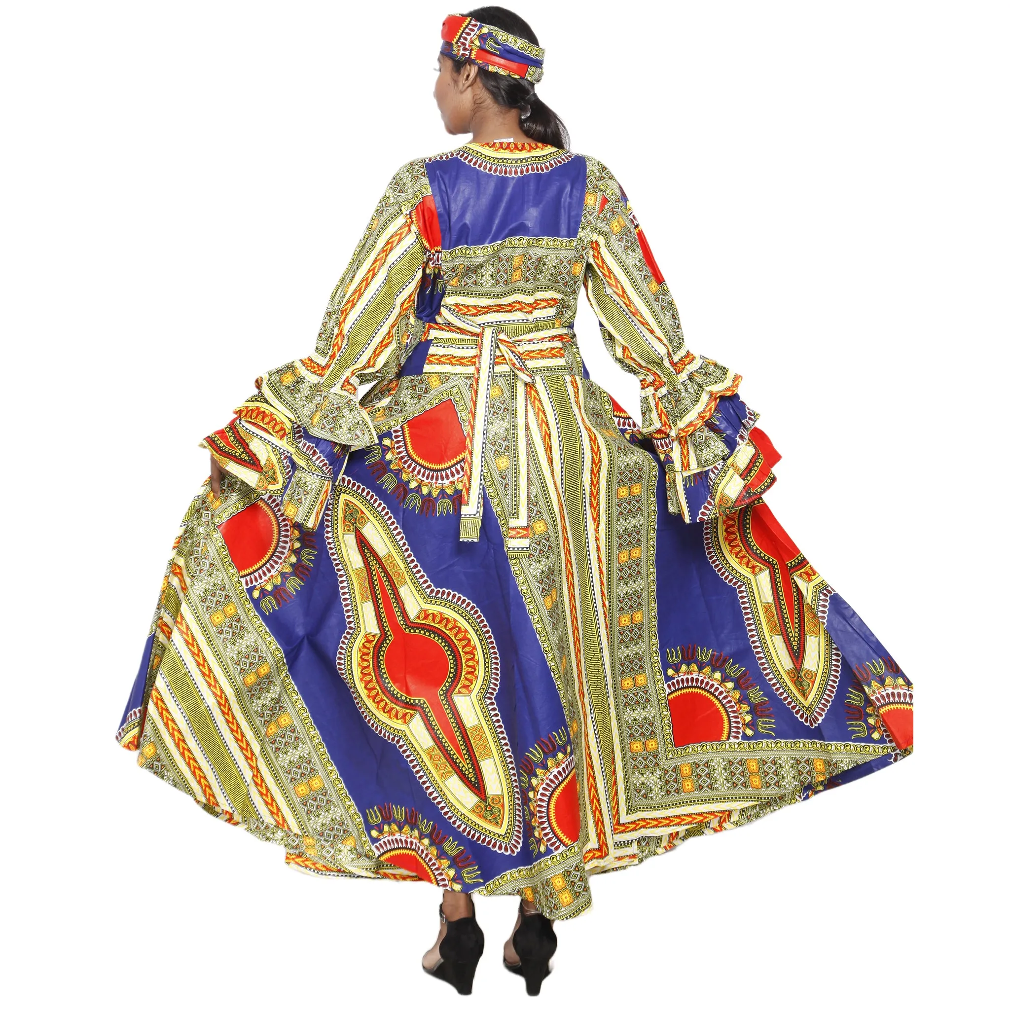 Women's Dashiki Ruffle Sleeve Maxi Wrap Dress -- FI-D70 FS