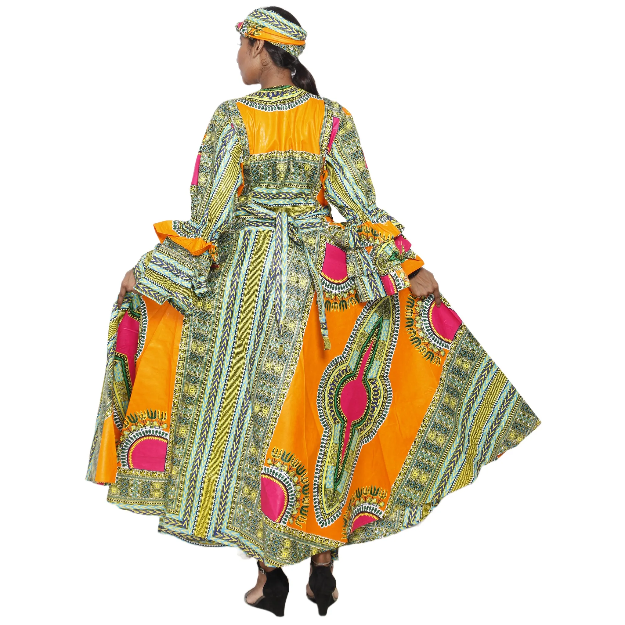 Women's Dashiki Ruffle Sleeve Maxi Wrap Dress -- FI-D70 FS