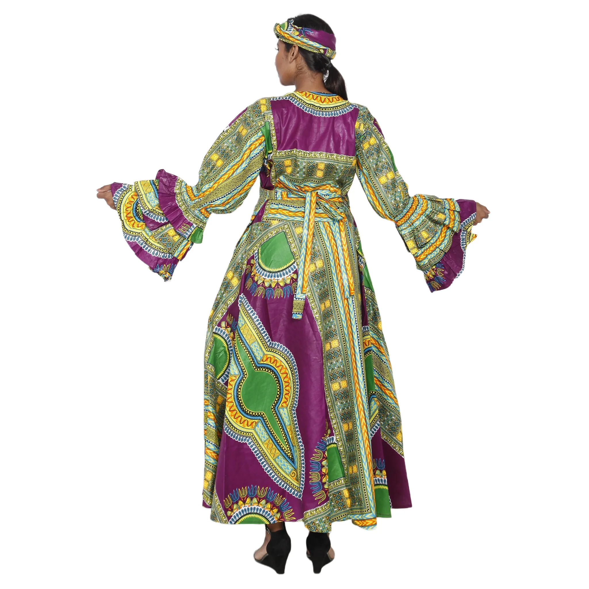 Women's Dashiki Ruffle Sleeve Maxi Wrap Dress -- FI-D70 FS