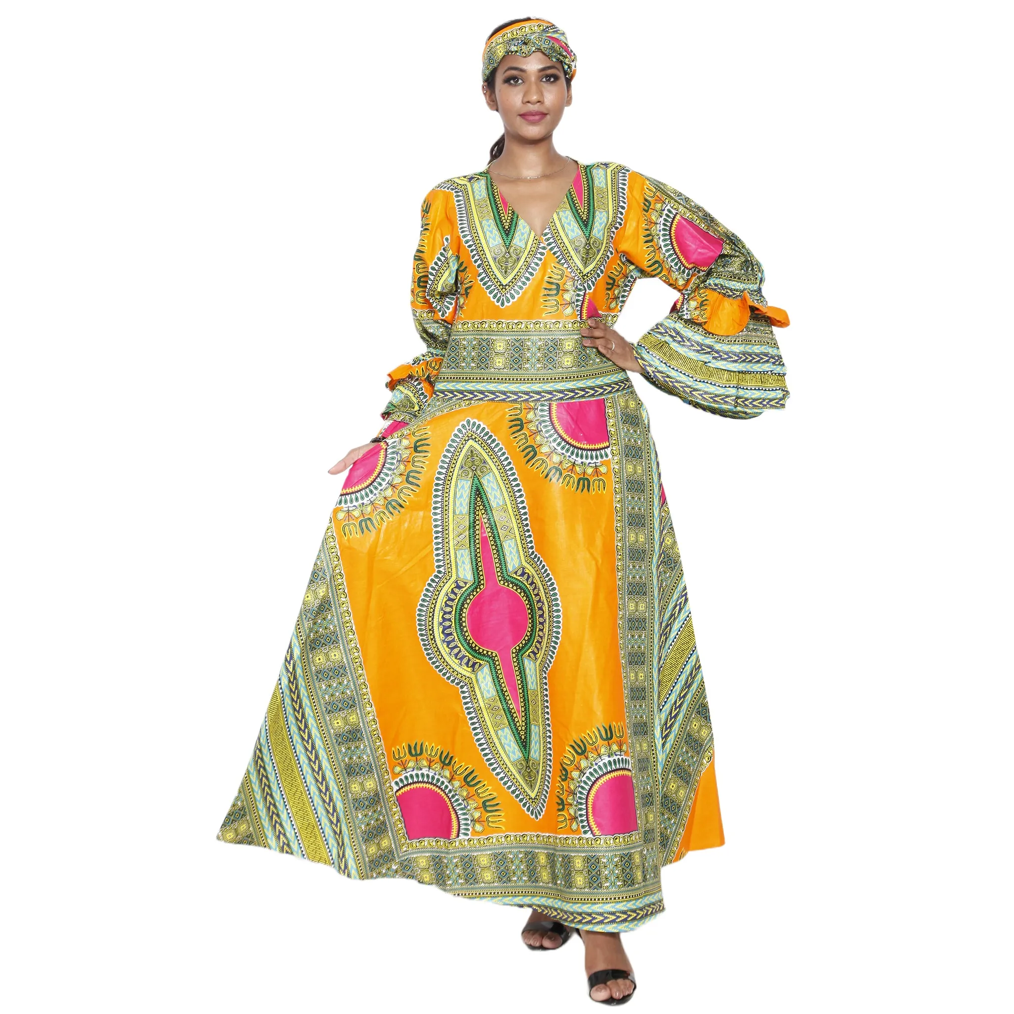 Women's Dashiki Ruffle Sleeve Maxi Wrap Dress -- FI-D70 FS