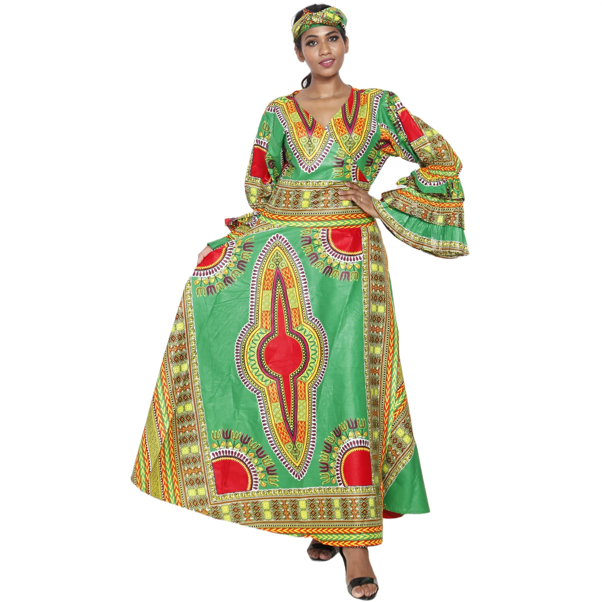 Women's Dashiki Ruffle Sleeve Maxi Wrap Dress -- FI-D70 FS