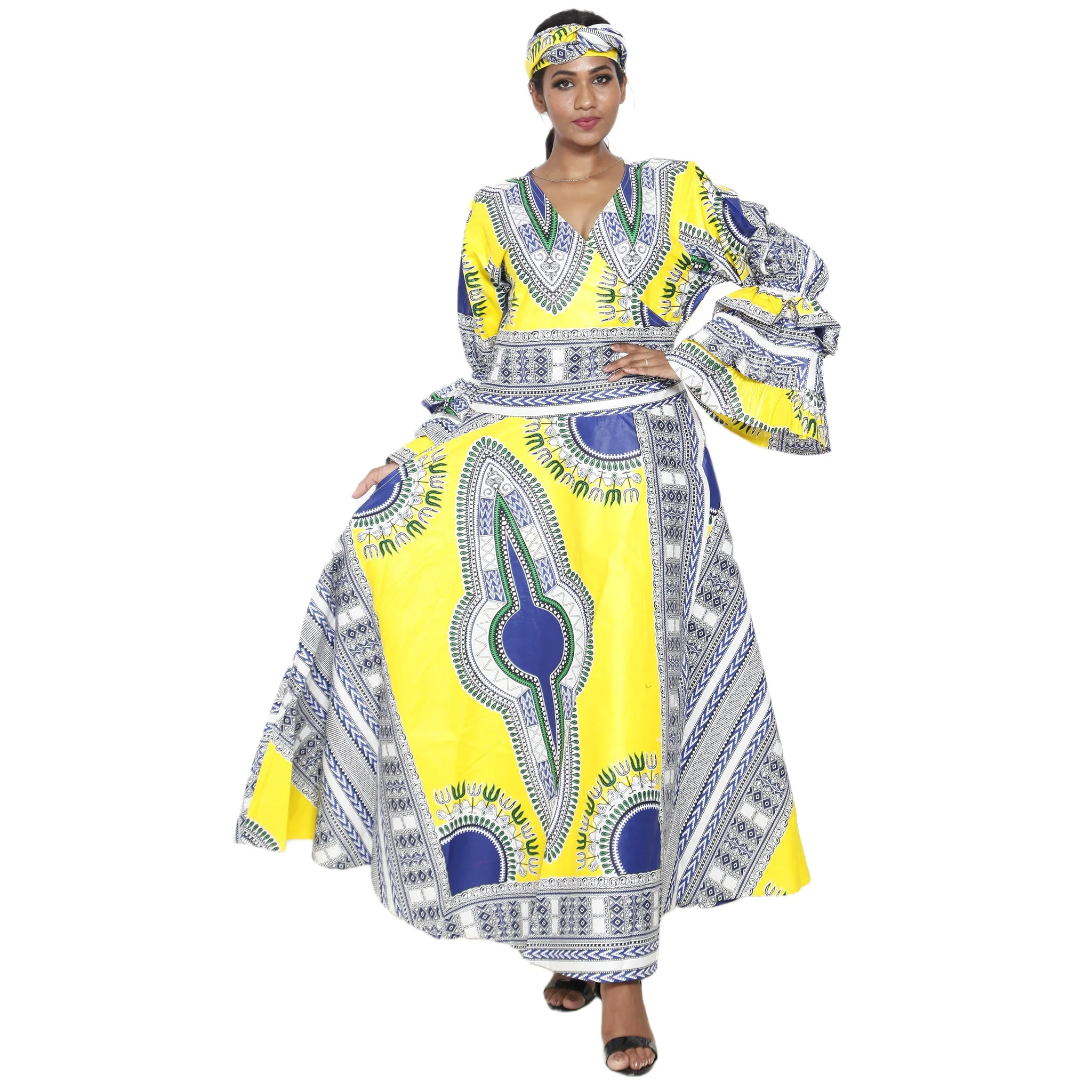 Women's Dashiki Ruffle Sleeve Maxi Wrap Dress -- FI-D70 FS