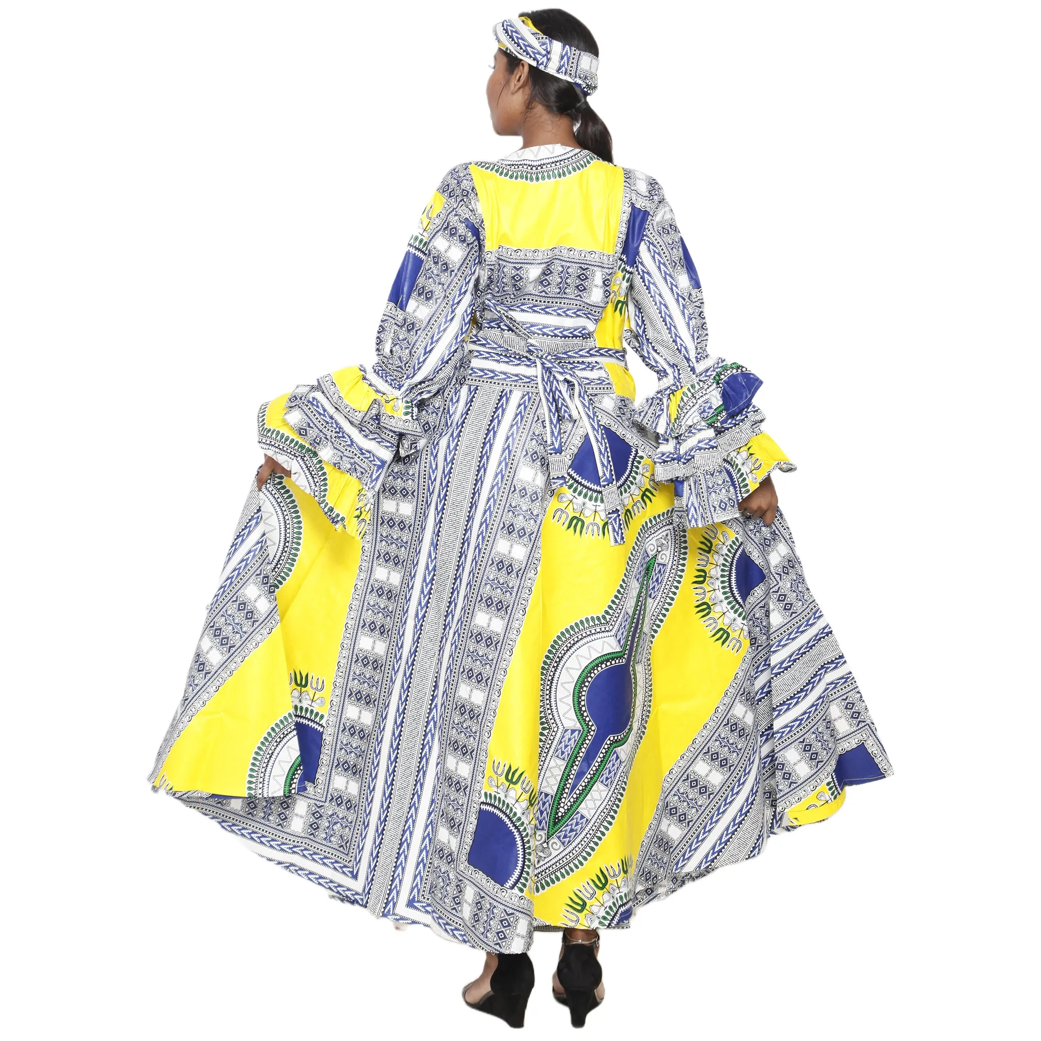 Women's Dashiki Ruffle Sleeve Maxi Wrap Dress -- FI-D70 FS