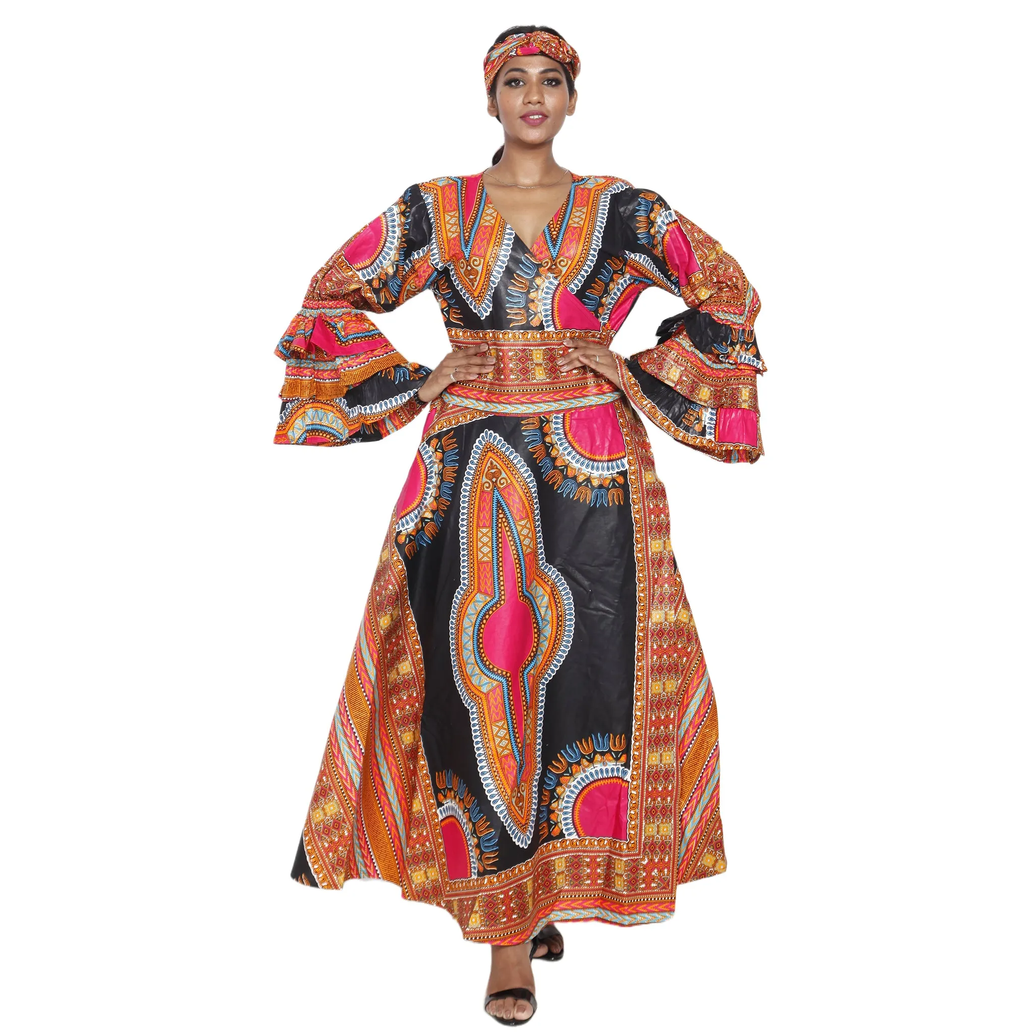 Women's Dashiki Ruffle Sleeve Maxi Wrap Dress -- FI-D70 FS