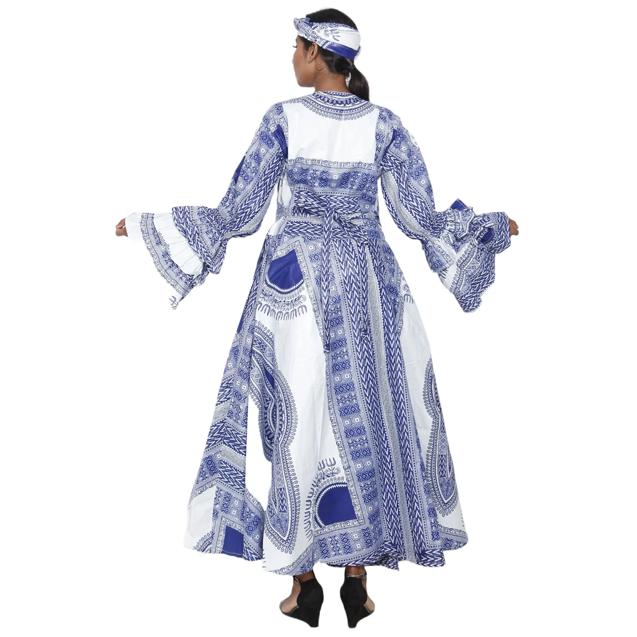 Women's Dashiki Ruffle Sleeve Maxi Wrap Dress -- FI-D70 FS