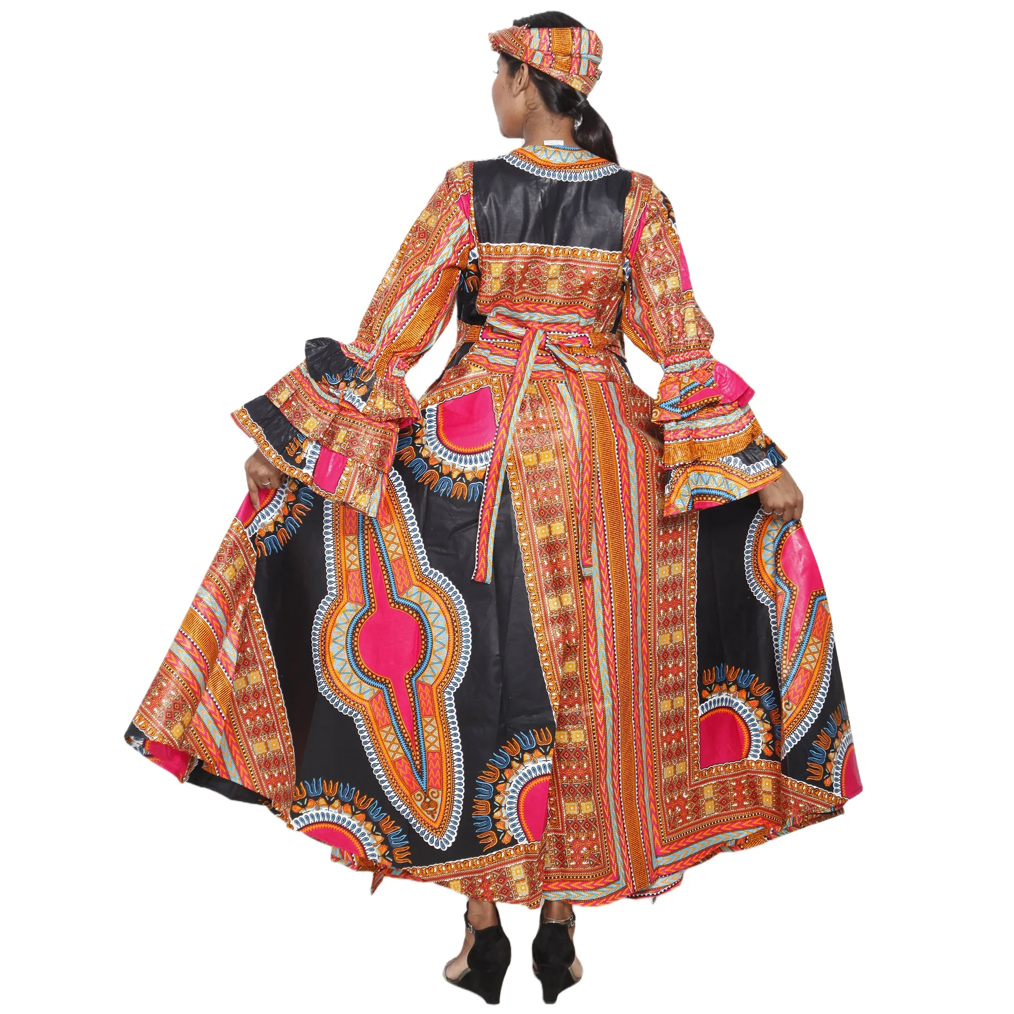 Women's Dashiki Ruffle Sleeve Maxi Wrap Dress -- FI-D70 FS