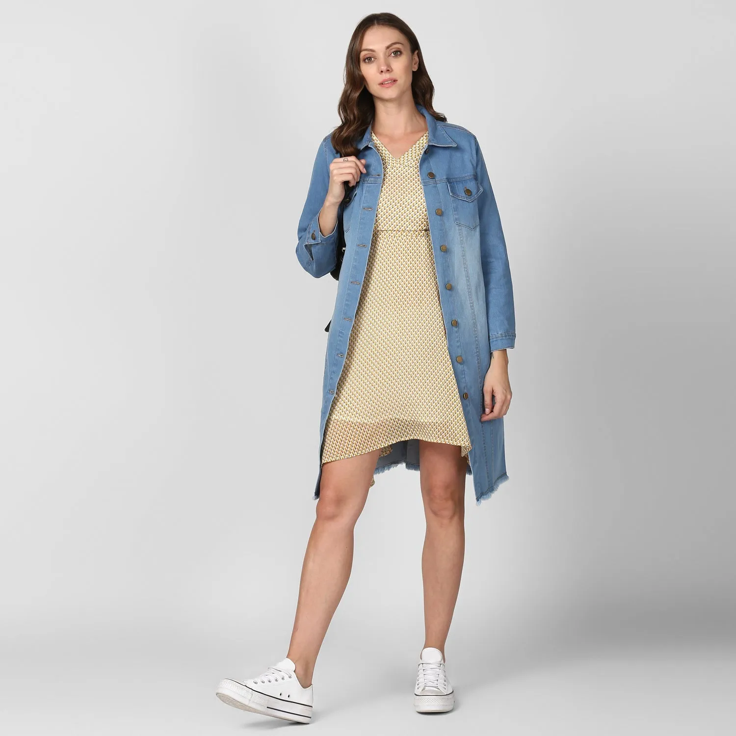 Women's Ice Blue Long Overcoat Style Denim Jacket with Washed effect - StyleStone