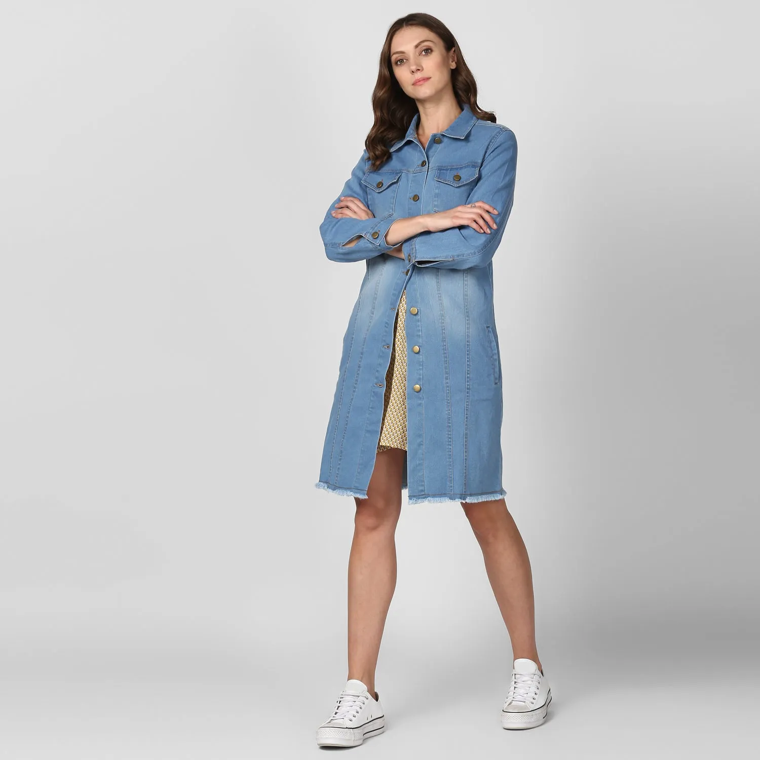 Women's Ice Blue Long Overcoat Style Denim Jacket with Washed effect - StyleStone