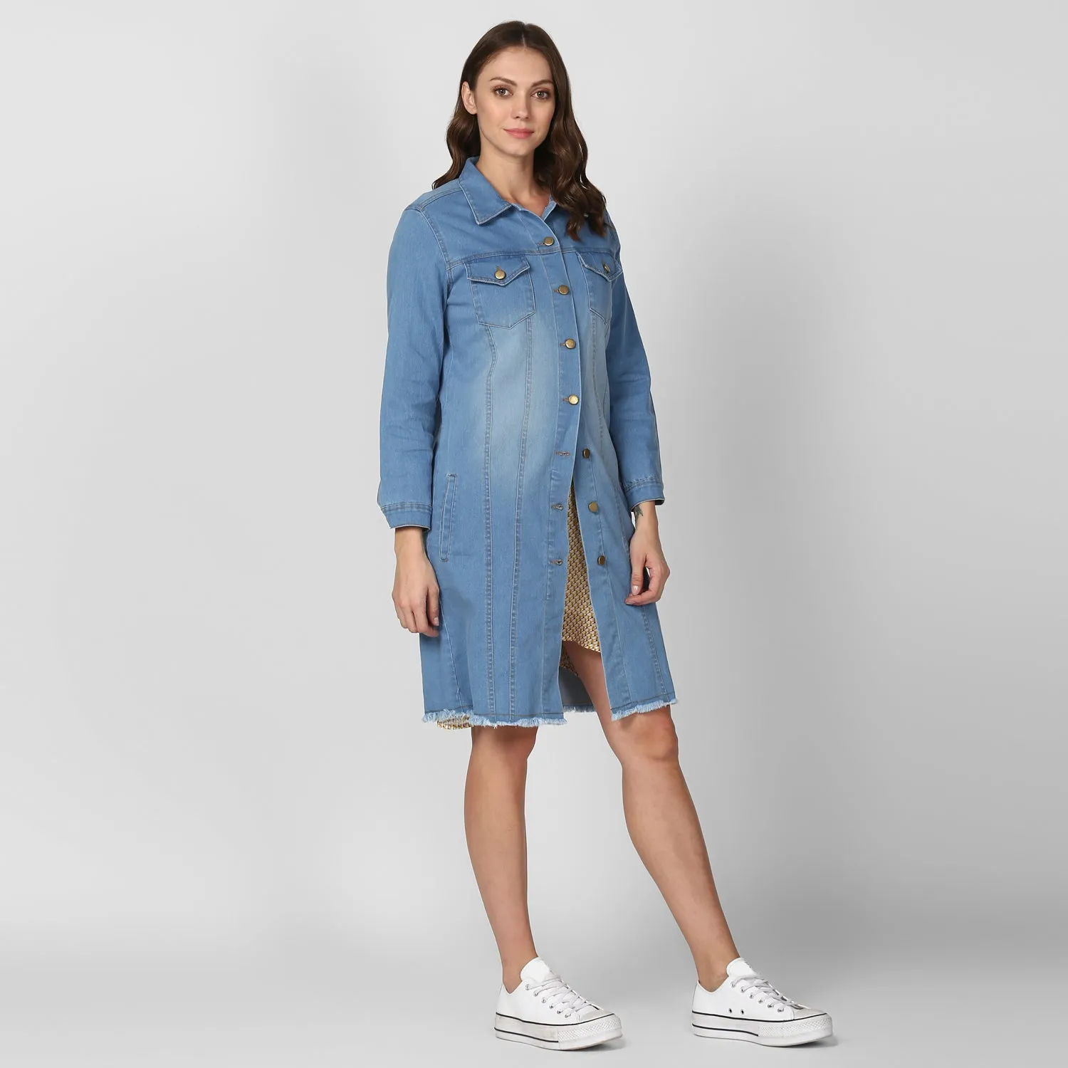 Women's Ice Blue Long Overcoat Style Denim Jacket with Washed effect - StyleStone