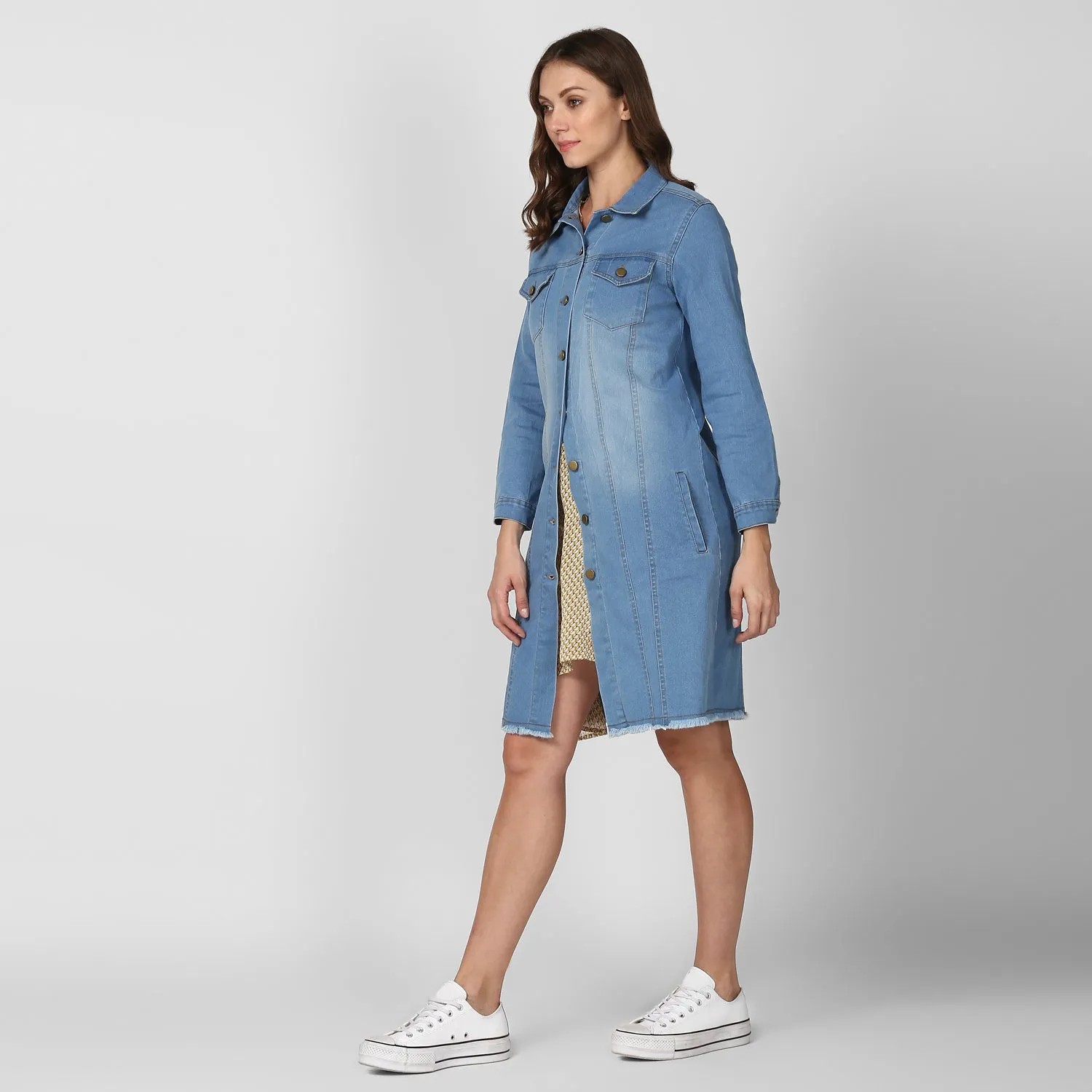 Women's Ice Blue Long Overcoat Style Denim Jacket with Washed effect - StyleStone