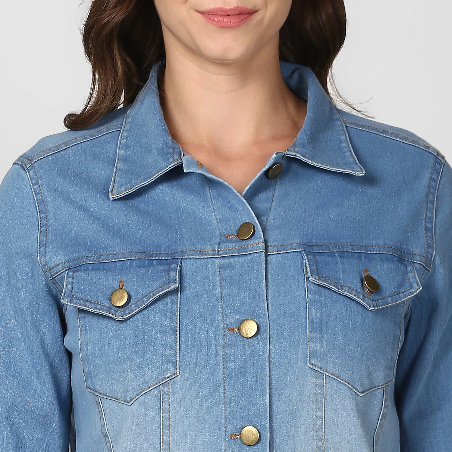 Women's Ice Blue Long Overcoat Style Denim Jacket with Washed effect - StyleStone