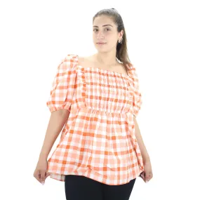 Women's Shirred Check Peplum Top,Orange