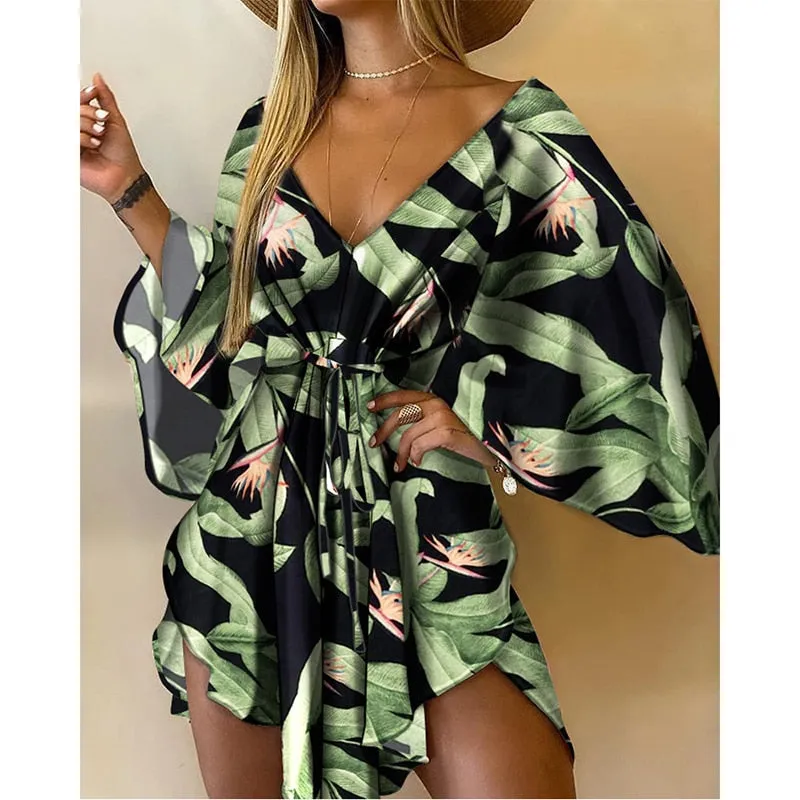 xakxx Autumn outfits Fashion Women Sexy Deep V Neck Long Batwing Sleeve Mini Dress Print Tied Front Loose Fit Casual Dress