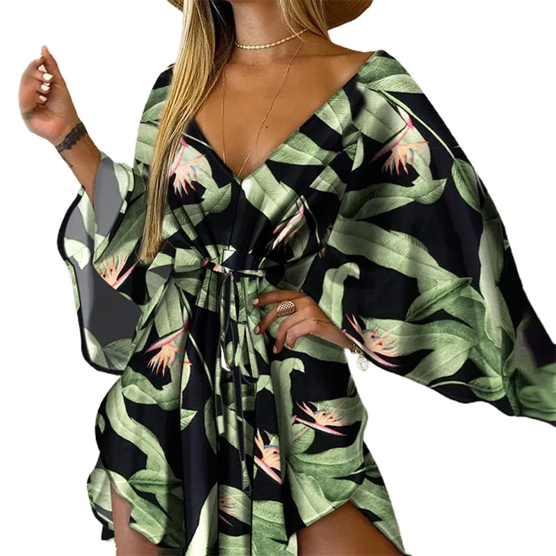 xakxx Autumn outfits Fashion Women Sexy Deep V Neck Long Batwing Sleeve Mini Dress Print Tied Front Loose Fit Casual Dress