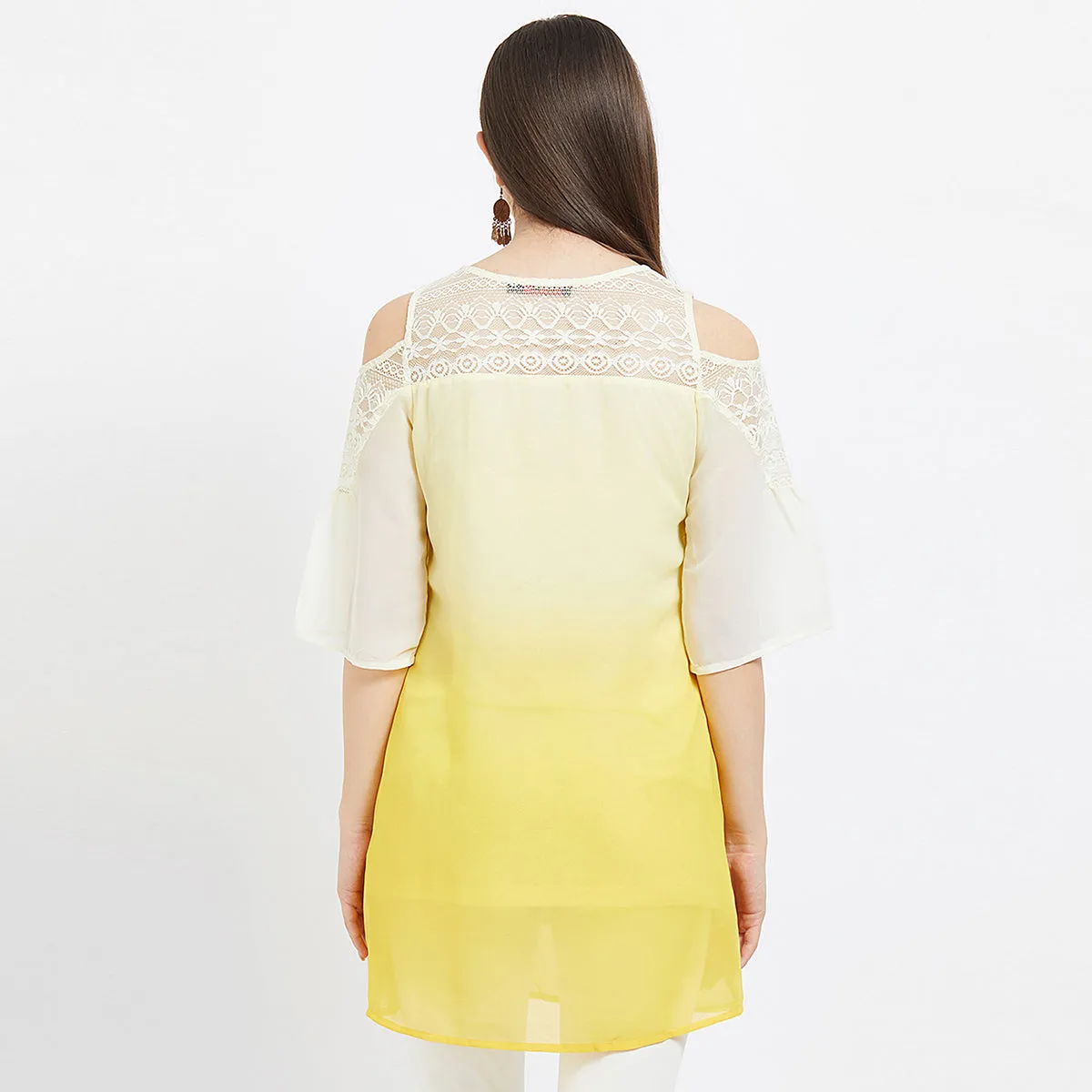 Yellow Cold Shoulder Tunic With Lace Sleeves