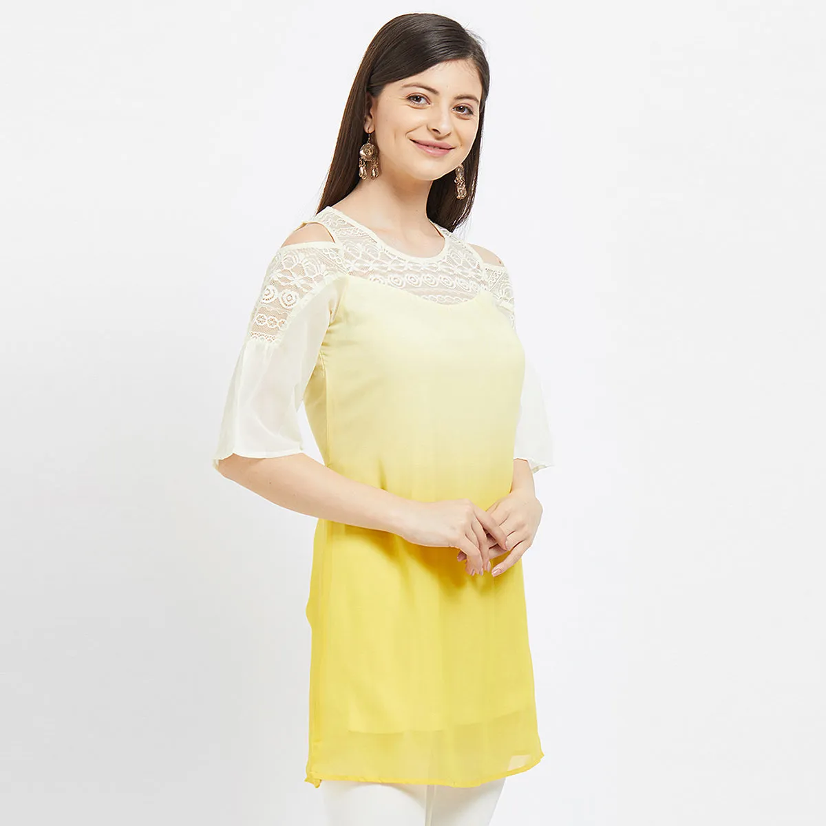 Yellow Cold Shoulder Tunic With Lace Sleeves