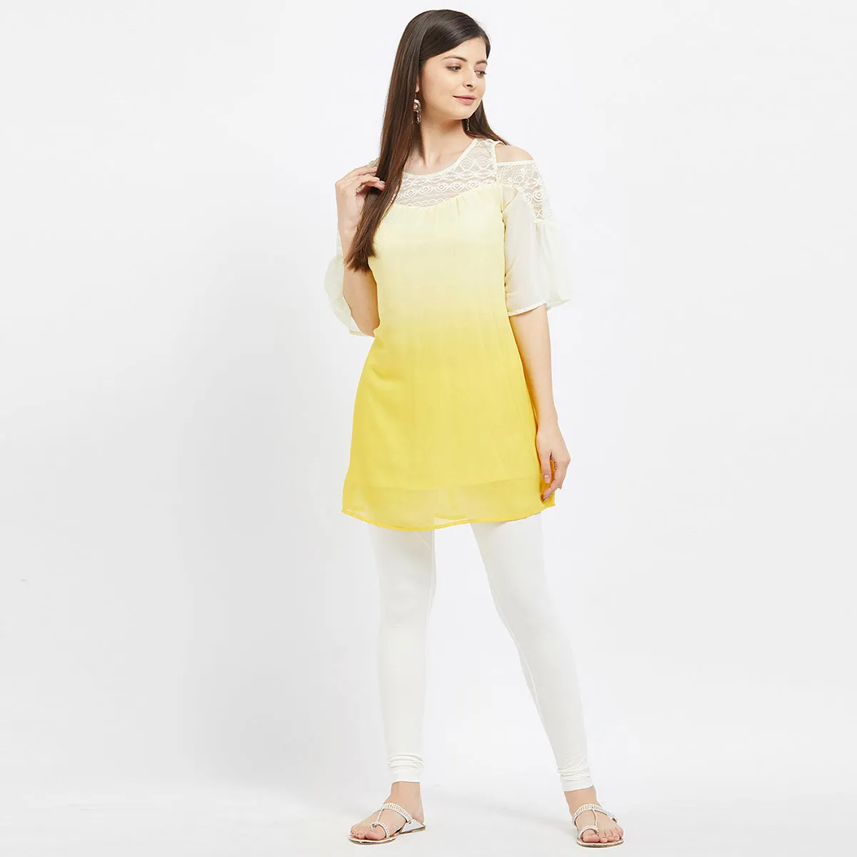 Yellow Cold Shoulder Tunic With Lace Sleeves