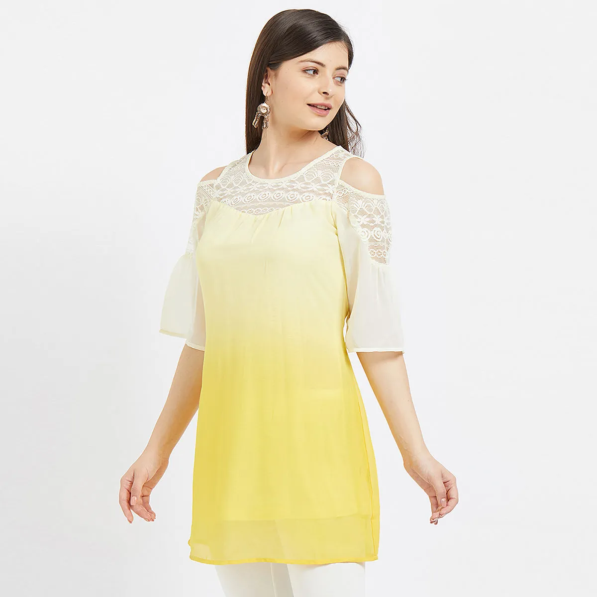 Yellow Cold Shoulder Tunic With Lace Sleeves