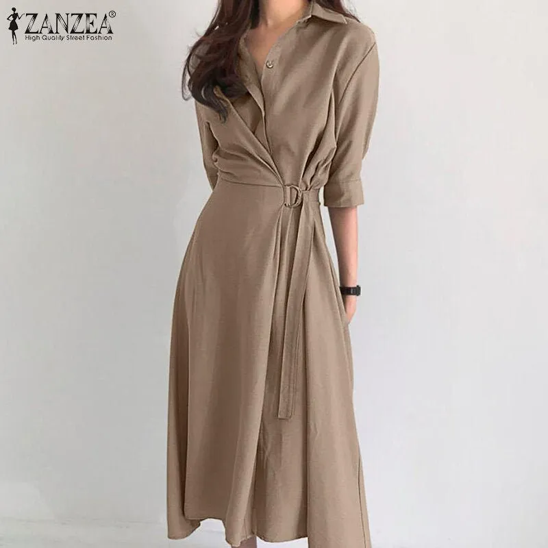 ZANZEA Waste Wrap Shirt Poly-Spandex Blend Plus Size Dress