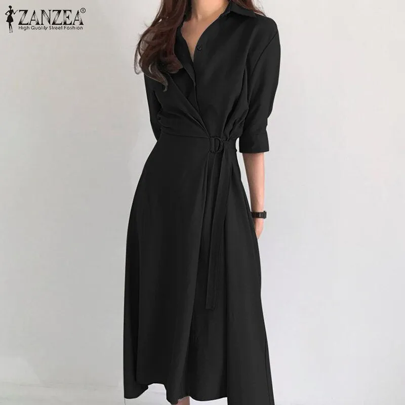 ZANZEA Waste Wrap Shirt Poly-Spandex Blend Plus Size Dress